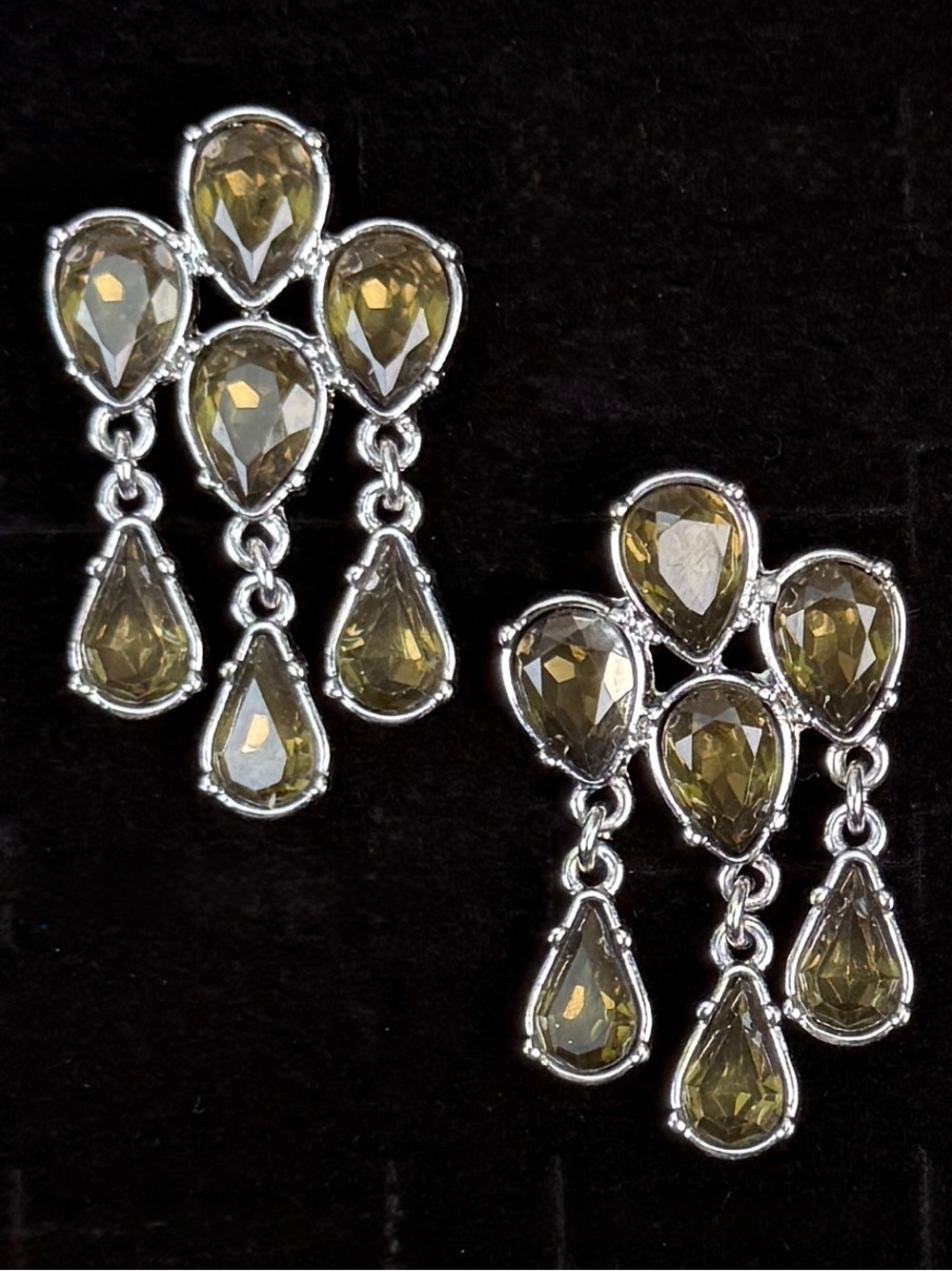 Elegant Silvertone and Green Teardrop Weighted Pierced Earrings
